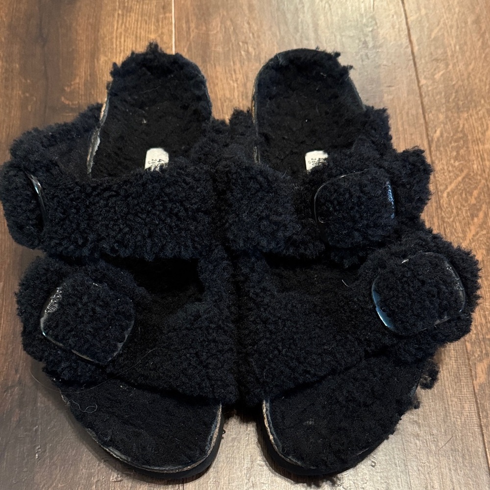 Women's Black Faux-Shearling Comfort Slide Sandals